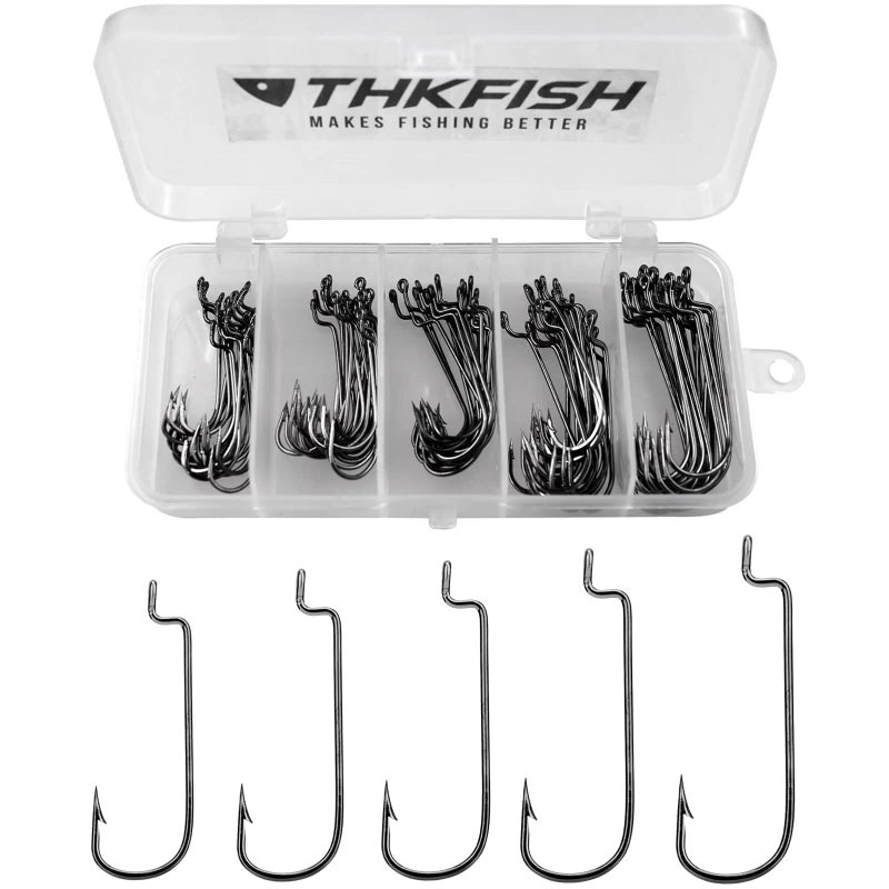 THKFISH 50pcs/Box Fishing Worm Hooks - EWG Offset, Round Bend, Wide Gap, Barbed Shank #2#1 1/0 2/0 3/0 - Image 1